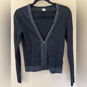 J. Crew Sequin Full Zip Cardigan Womens XS Extra Small Black Merino Wool